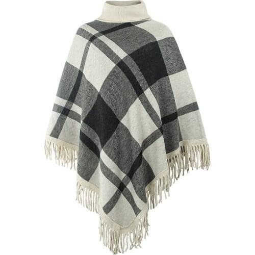 Plaid Oversized Sweater Women Knitted Poncho 2021 Autumn Winter Tassel Cloak Turtleneck Bat Sleeve Pullovers Female Cape Shawl