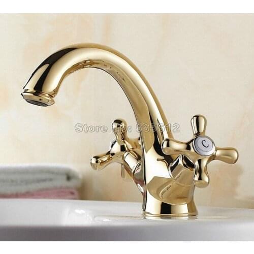 Golden Brass Bathroom Basin Faucet Dual Handles Hot Cold Water Mixer Tap Deck Mount Water Tap tnf172