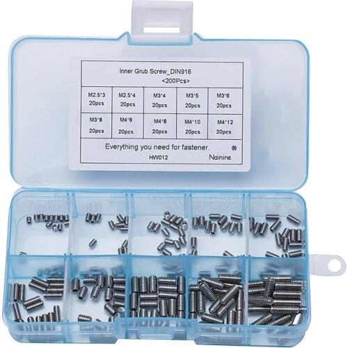 200Pcs/set M2.5 M3 M4 DIN916 304 Stainless Steel Metric Thread Surfboard Fin Screws Inner Hex Cup Point Socket Set Screw HW012
