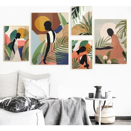 Abstract Tropical Girl Leaves Geometric Nordic Vintage Poster Wall Art Print Canvas Painting Wall Pictures For Living Room Decor