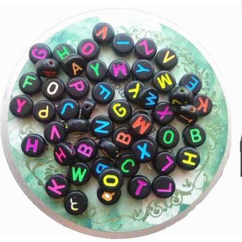 Free Shipping 4*7MM 3600PCS/Lot Black with Colorful Printing Acrylic Flat Round Alphabet Letter Beads Plasitc Coin Beads