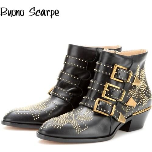 Susanna Studded Real Leather Ankle Boots Metal Buckles Short Booties Brand Designer High Quality Botas Mujer Casual Punk Shoes