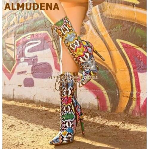 ALMUDENA Sexy Multi Snakeskin Mid-calf Boots Lace-up Animal Print Party Shoes Nightclub Stage Shoes Colorized Middle Boots Shoes