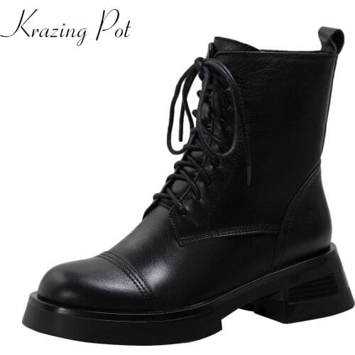 Krazing pot cow leather round toe square med heels retro high street fashion Chelsea boots cross-tied keep warm ankle boots l13