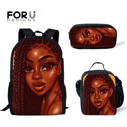 FORUDESIGNS Cartoon Black Afro Girl School Bag Set for Girls Kids Cute Children African Lady Bookbags Stylish American Backpacks