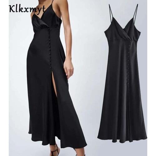 Klkxmyt Za Women 2021 Fashion Covered Buttons Vents Hem Midi Dress Vintage Backless Thin Straps Female Dresses Vestidos Mujer