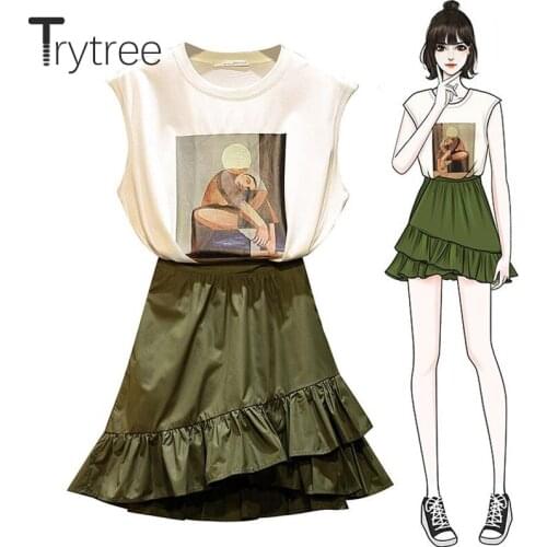 Trytree Summer Women Two piece set Casual O-Neck Sleeveless Top + Skirt Mini Elastic Waist Zipper Ruffles Hem Suit 2 Piece Set