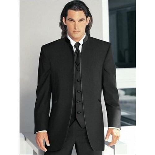 Handsome Stand Collar Mens Work Business Suits Groom Tuxedos Prom Party Dress Custom Made (Jacket+Pants+Vest+Tie) NO:055