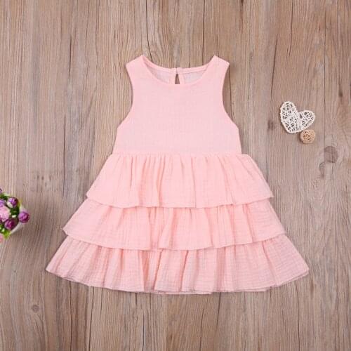 Summer Children Girl Solid Color Cotton Round Neck Sleeveless Cake Dress for Kids 6M-4Y