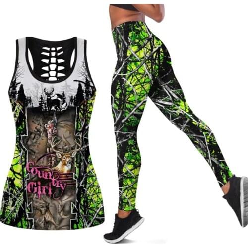 Fashion women Yoga Pants 3D printing Moose hunting camouflage Leggings and Hollow out Tank Top Womens casual Leggings