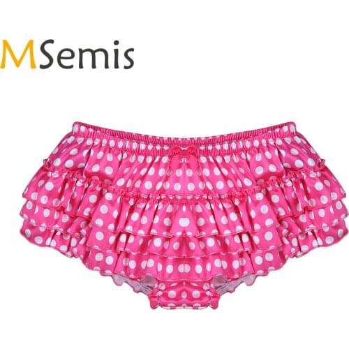 MSemis Mens Sissy Lingerie Panties Satin Polka Dots Ruffles Skirted Low Waist Gay Jockstraps Briefs Male Underwear Underpants