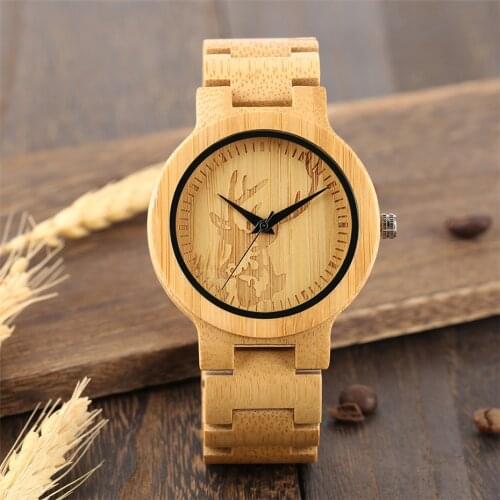 Pure Bamboo Wood Mens Quartz Wrist Watch Elk Head Display Dial Ultra-light Wooden Casual Fashion Man Bangle Clock Top Gifts Item