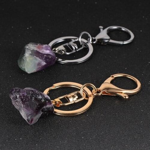 Natural Fluorite Pendant Keychain Irregular Stone Fashion BOHO Jewelry Gift For Men Women Gold Silver Color Key Chain Key Holder