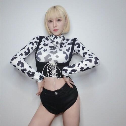 2021 New Bar DS DJ Stage Performance Clothes Female Singer Sexy Black And White Long Sleeve Tops Jazz Pole Dancing Suit DQL5262