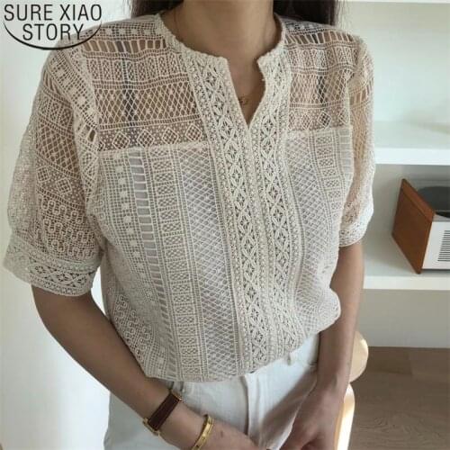 New Cotton Shirt Women Blouses Korean 2021 Summer Fashion Hook Flower Hollow Crochet with Lining Short Sleeve Tops Blusas 15294