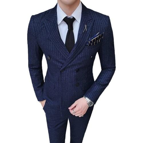 New Arrivals Men Suits Slim Fit 3 Piece Double Breasted Prom Tuxedos Casual Business Jacket Blazer + Vest + Pants for Wedding