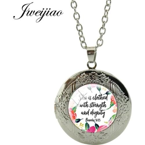 JWEIJIAO She is clothed with Strength and Dignity Necklace Bible Verse Christian Quote Locket Necklace Faith Gifts LT18