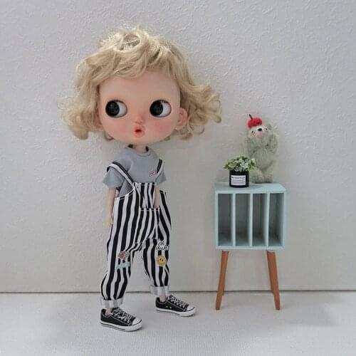 1/6Doll Striped Bib Blyth T-Shirt Azone Pants 1/6 Doll Clothes (Fit ICY, Pullip, Lati, JerryB,Ob24)