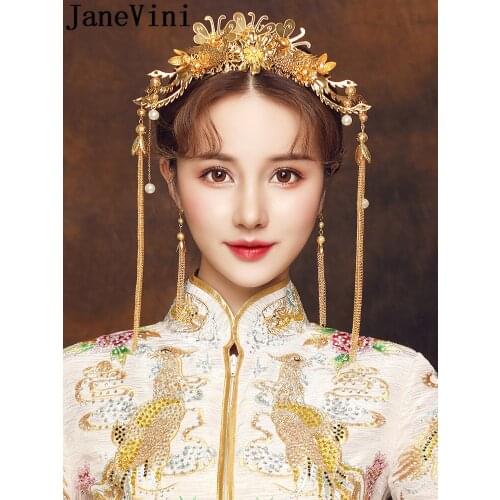 JaneVini Chinese Bride Headband Gold Hair Accessories Long Tassel Earrings Set Vintage Bridal Wedding Hairwear Head Jewelry 2019