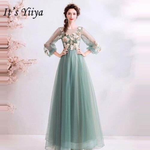 Its YiiYa Prom Gowns Green O-neck Full Sleeves A-Line Floor Length Long Party Dress Custom Plus Size Prom Dresses 2019 E243
