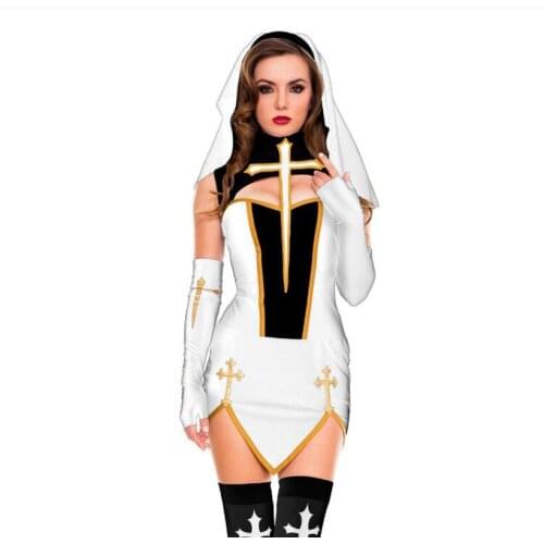 Sexy Nun Costume Adult Women Cosplay With Black Hoodie For Halloween Sister Cosplay Party Costume