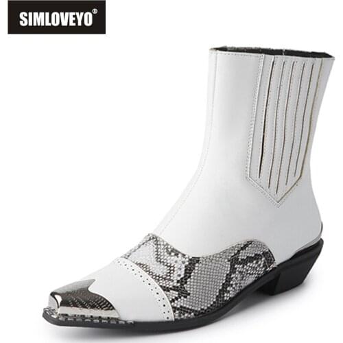 SIMLOVEYO 2021 Ladies Ankle Boots Cap Toe Snake Print Patchwork Slip On Short Plush Low Thick Heel Size 34-48 Black White A4427