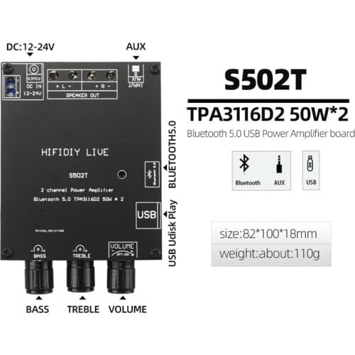 TPA3116D2 Bluetooth 5.0 HIFI 2.0 Channel Power Audio Stereo Amplifier Board 100WX2 50W+50W TREBLE Bass note tuning AMP ZK-1002T