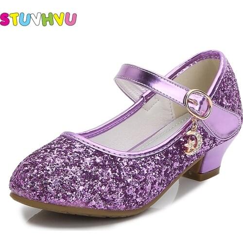 Children Crystal Shoes Girls High Heels Leather Kids Sequin Princess Shoes Silver Pink Gold Blue Wedding Party Dance Girls Shoes
