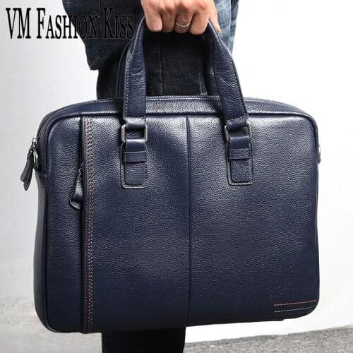 VM FASHION KISS Genuine Leather Briefcases Men Crossbody Handbag Business Mens Travel Shoulder Bags Laptop For Man Famous Brand