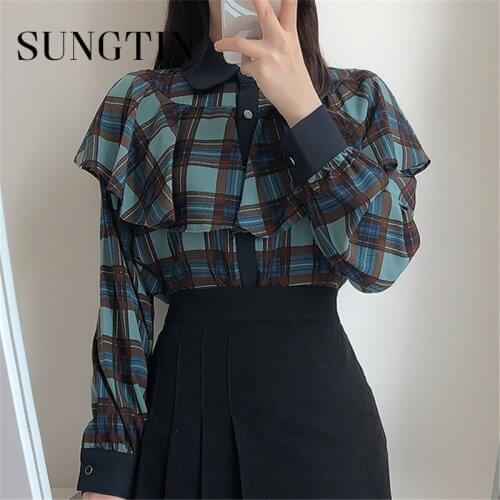 Sungtin New 2021 Ruffles Plaid Summer Blouses Shirts Vintage Slim Buttons Korean Style Kawaii Fashionable Wild Tops Plaid Korean