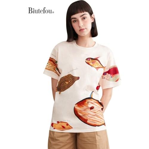 【Biutefou】Original Design 2021 Summer Women Fish Print Round Collar Premium Stretch Cotton T-Shirt