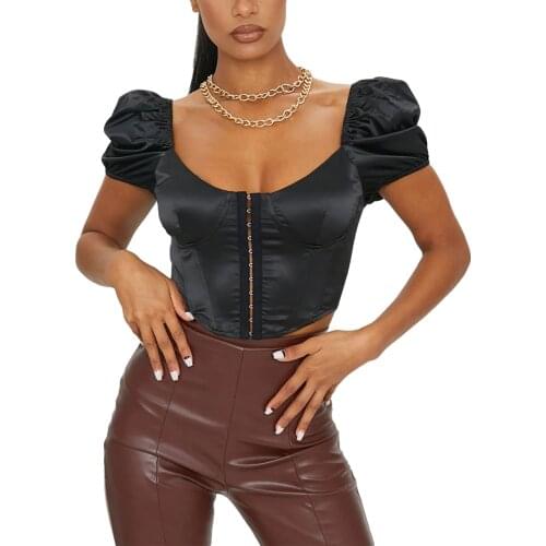 Women Short Sleeve V Neck Slim Fit Single Breasted T-Shirt Ladies Sexy Puff Sleeve Crop Top Club Fashion Elegant Retro Wrap Tops