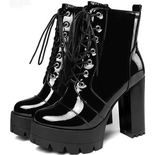 2021 Thick High Heeled Female Patent Leather Ankle Boots Round Toe Lace-up Zipper Women Short Boots Gothic Women Shoes