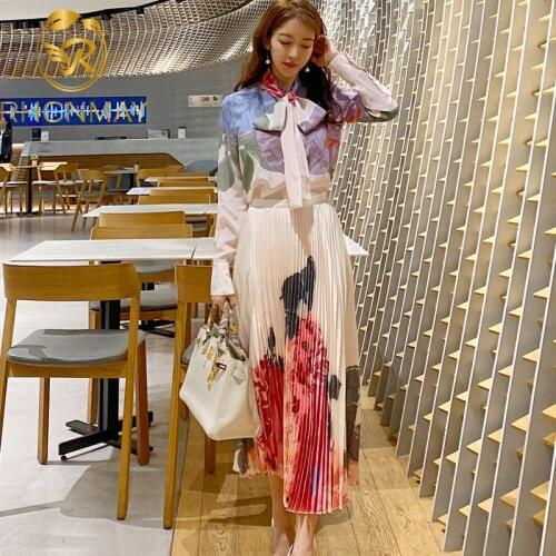 High Quality Skirt Suits 2020 Summer Sets Women Bow Collar Long Sleeve Print Floral Shirts+Mid-Calf Length Pleated Skirts Sets