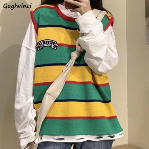 Panelled Striped Sweater Vest Women Oversize Students Harajuku Preppy BF Couples Sleeveless Streetwear Knitwear Jumpers Leisure