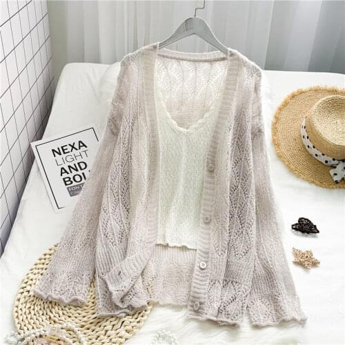 Ice silk hollow thin knitted cardigan women loose loose spring and summer 2021 fashion new western casual sweater