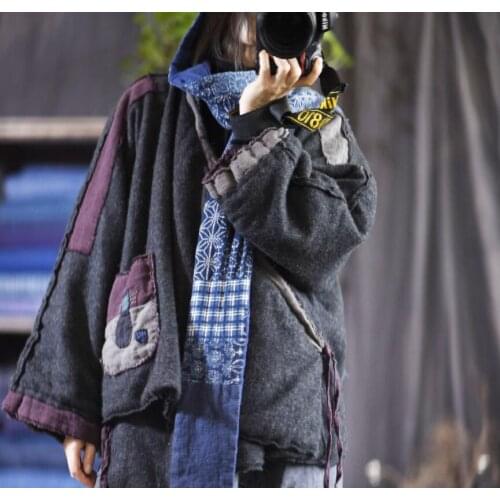 Women Loose Patchwork Woolen Irregular Length Padded Coat Outerwear Parkas Female Spliced Vintage Short Coat Ladies Ripped Coat
