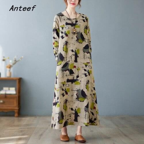 Long sleeve plus size cotton linen vintage floral dresses for women casual loose spring autumn dress elegant clothing 2021