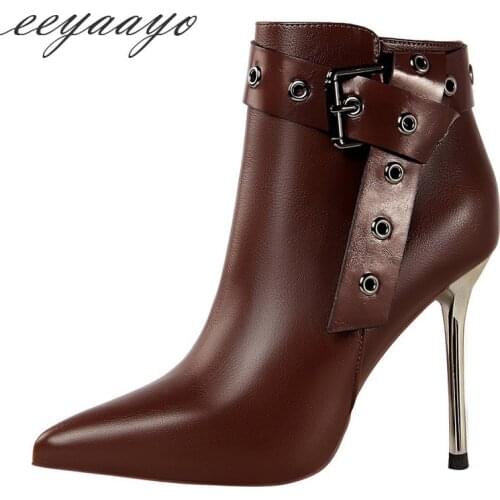 2019 New Winter Women Ankle Boots High Thin Heel Pointed Toe Zipper Solid Rivet Belt Sexy Ladies Women Shoes Brown Short Boots