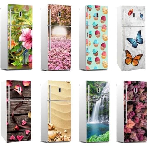 3D Dishwasher Refrigerator Wrap Butterfly Waterfall Flowers Freezer Sticker Art Fridge Door Cover Wallpaper Kitchen Accessories
