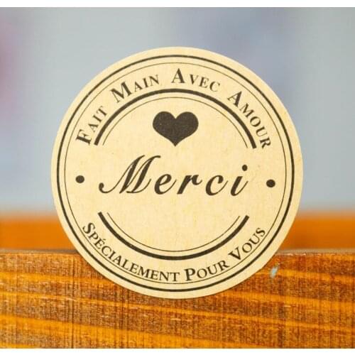 600pcs Kraft Merci Paper Stickers French Thank you Handmade with Love Round Seal Stickers Wedding Party Packaging Gift Stickers