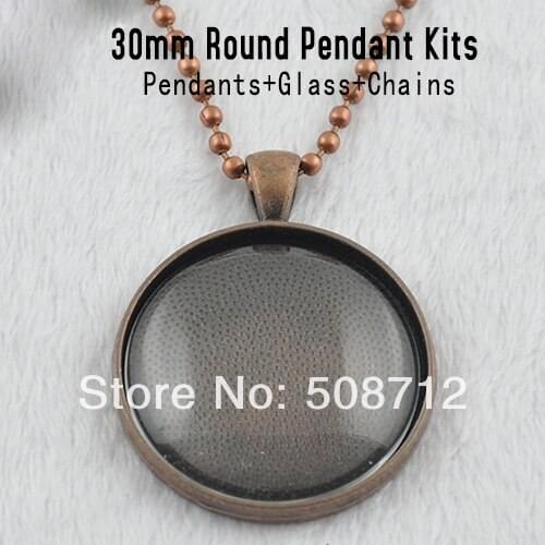 Antique copper -30sets Flash Sale DIY Kits- 30mm Trays, Glass, and necklaces. 30mm Blank Photo Pendant Trays and Cabochons