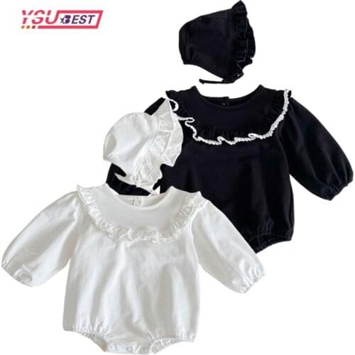 Baby Spring Autumn Clothing Infant Newborn Baby Girls Bodysuit Cotton Clothes Outfit Ruffle Collar Baby Jumpsuit Playsuit + Hat