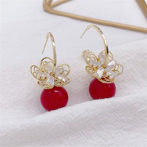 Red Imitation Pearl Earring Flower Drop Earrings For Women Fashion Statement Dangle Earring 2021 Trend Jewelry Gifts