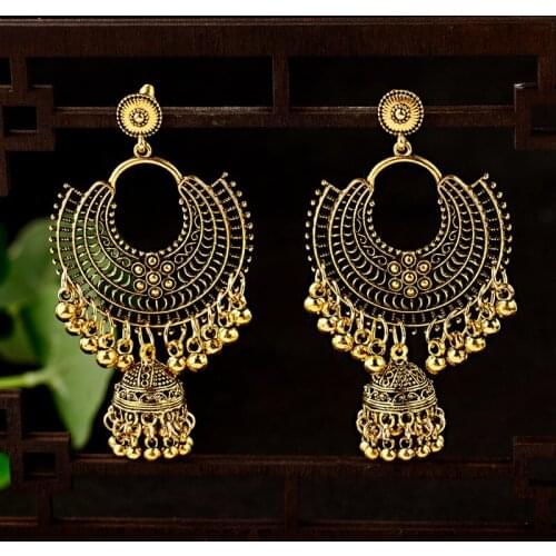2019 Round Vintage Jhumka Earrings Indian Jewelry For Women Ethnic Retro Gold Bells Tassel Drop Earrings Turkey Turkish Bijoux