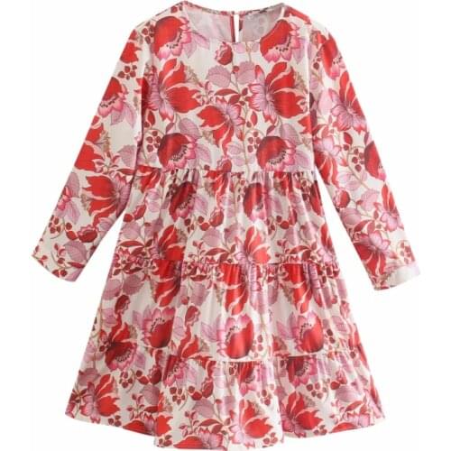 Summer Women Red Floral Print Tiered Ruffle Midi Dress Female Three Quarter Sleeve Clothes Casual Lady Loose Vestido D7807