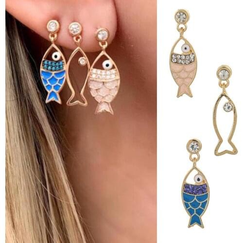 Sweet Cute Little Fish Earring For Girls Daily Wear Fashion Creative Earring Crystal Hollow Fish Dangle Earrings 3pcs/set