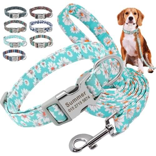 Personalized Nylon Dog Collar Leash Set Printed Custom Dog ID Tag Collar Engraved Pet Puppy Collars For Small Medium Large Dogs