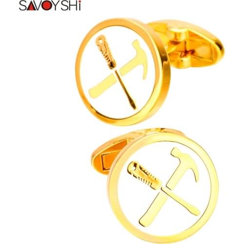 SAVOYSHI Newest Fashion Gold Enamel Hammer Saw Cufflinks for Mens Gift Shirt Cuffs Buttons Jewelry Free Engraving Words Gemelos