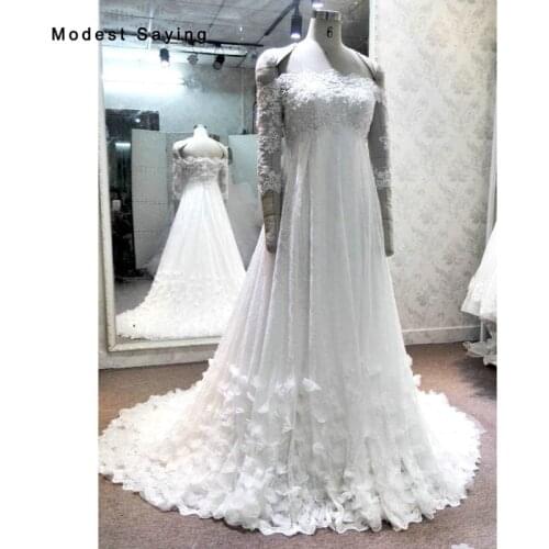 New Arrival Empire Lace Wedding Dresses 2018 with 3/4 Sleeves Ivory Beaded Pregnant Bridal Gowns Boat Neck vestidos de noiva